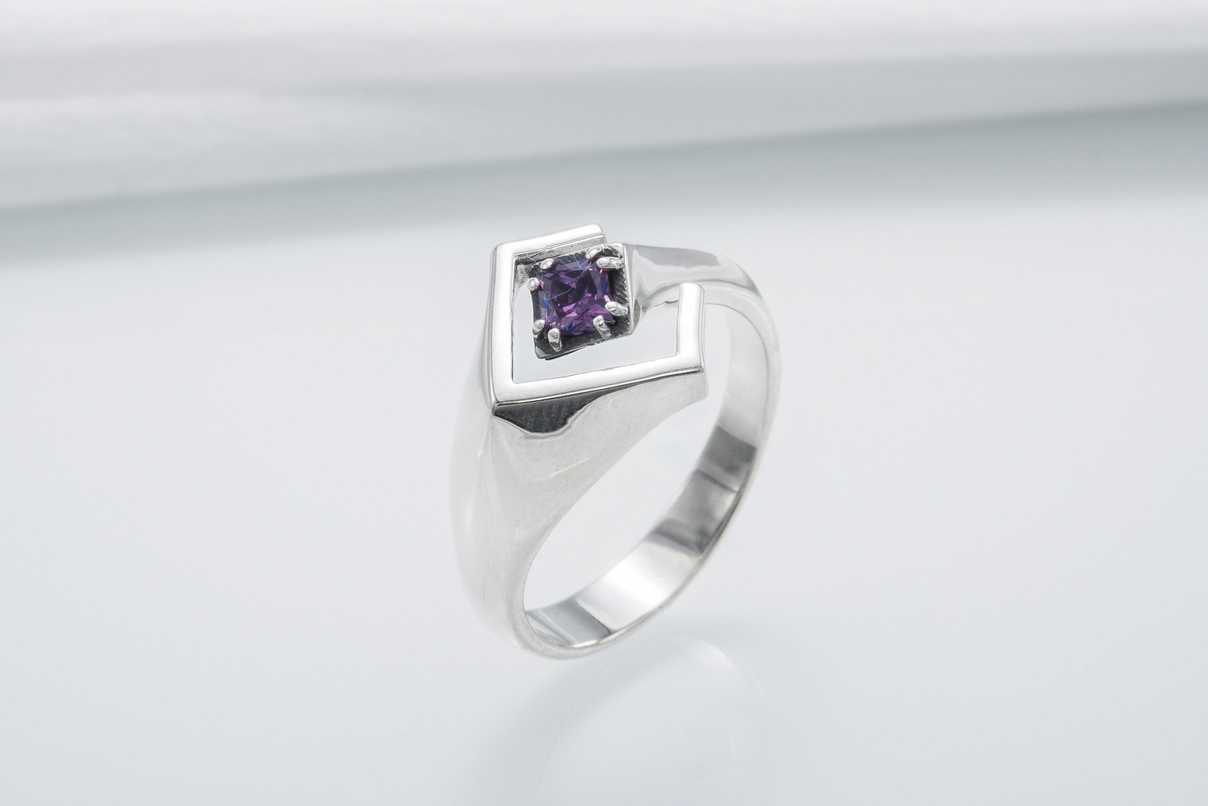 925 Silver Square Ring with Purple Gem, Handmade Classic Jewelry - vikingworkshop