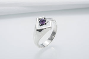 925 Silver Square Ring with Purple Gem, Handmade Classic Jewelry - vikingworkshop