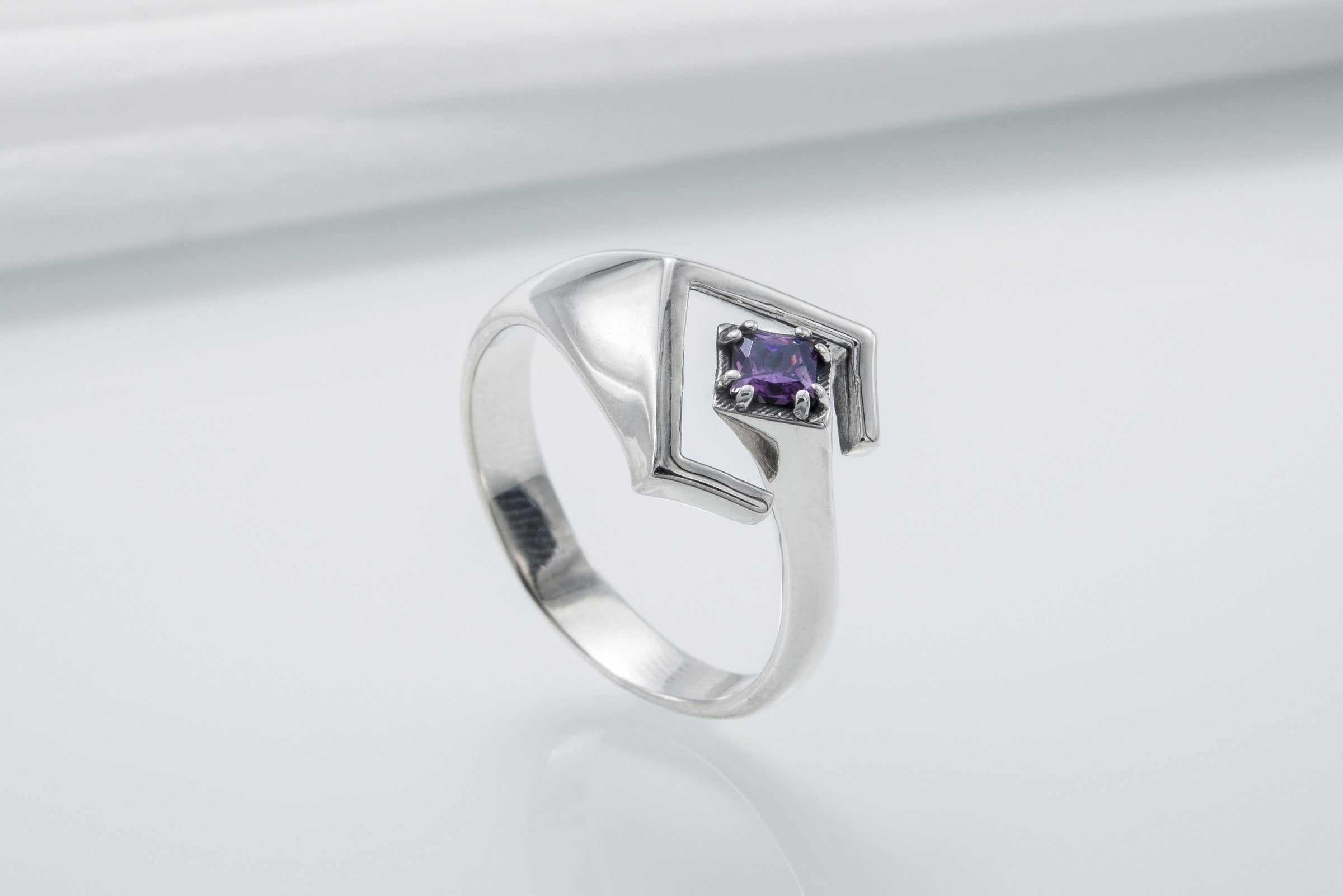 925 Silver Square Ring with Purple Gem, Handmade Classic Jewelry - vikingworkshop