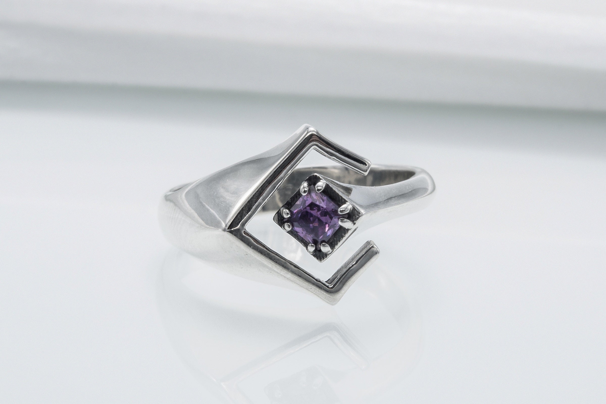 925 Silver Square Ring with Purple Gem, Handmade Classic Jewelry - vikingworkshop