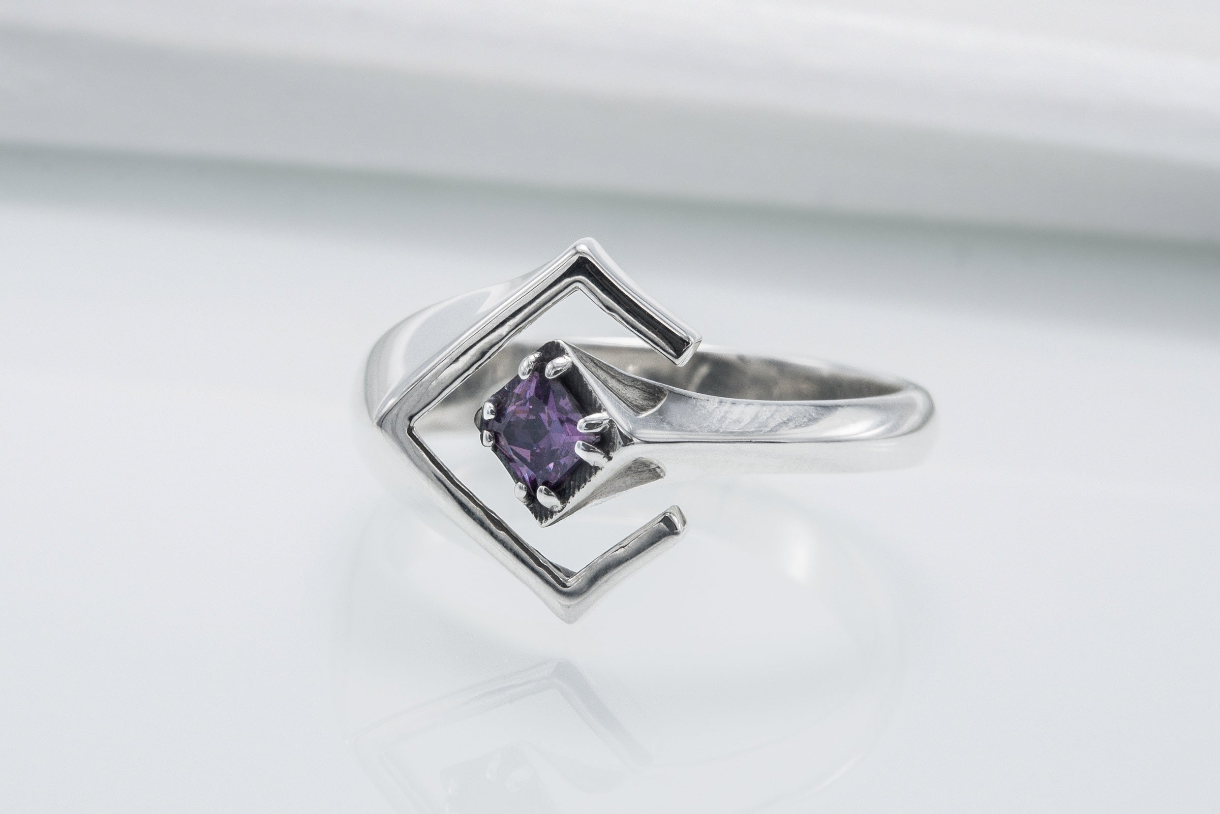 925 Silver Square Ring with Purple Gem, Handmade Classic Jewelry - vikingworkshop