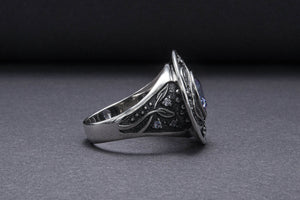 925 Silver Ring With Leaves Ornament And Gems, Handmade Jewelry - vikingworkshop