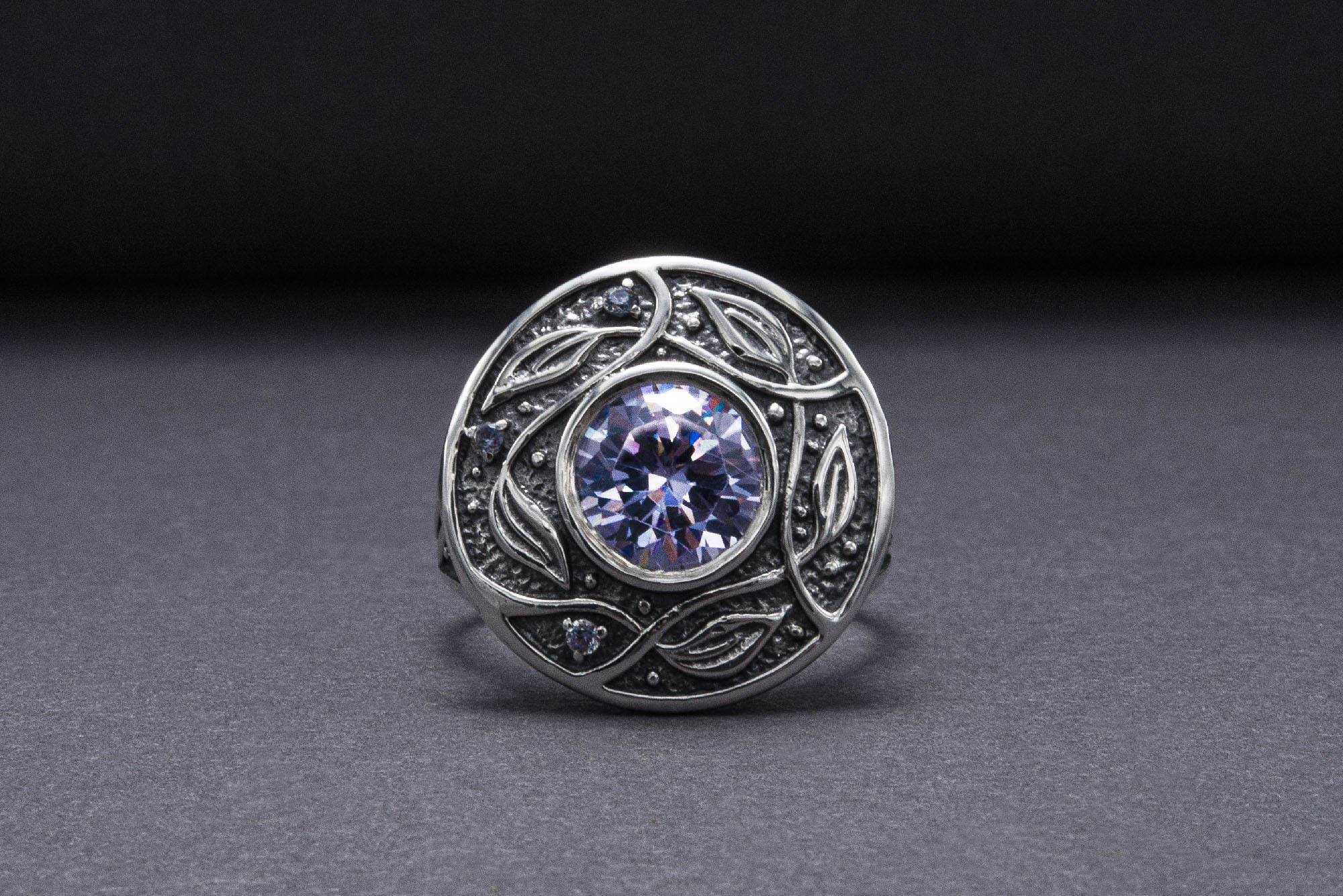 925 Silver Ring With Leaves Ornament And Gems, Handmade Jewelry - vikingworkshop