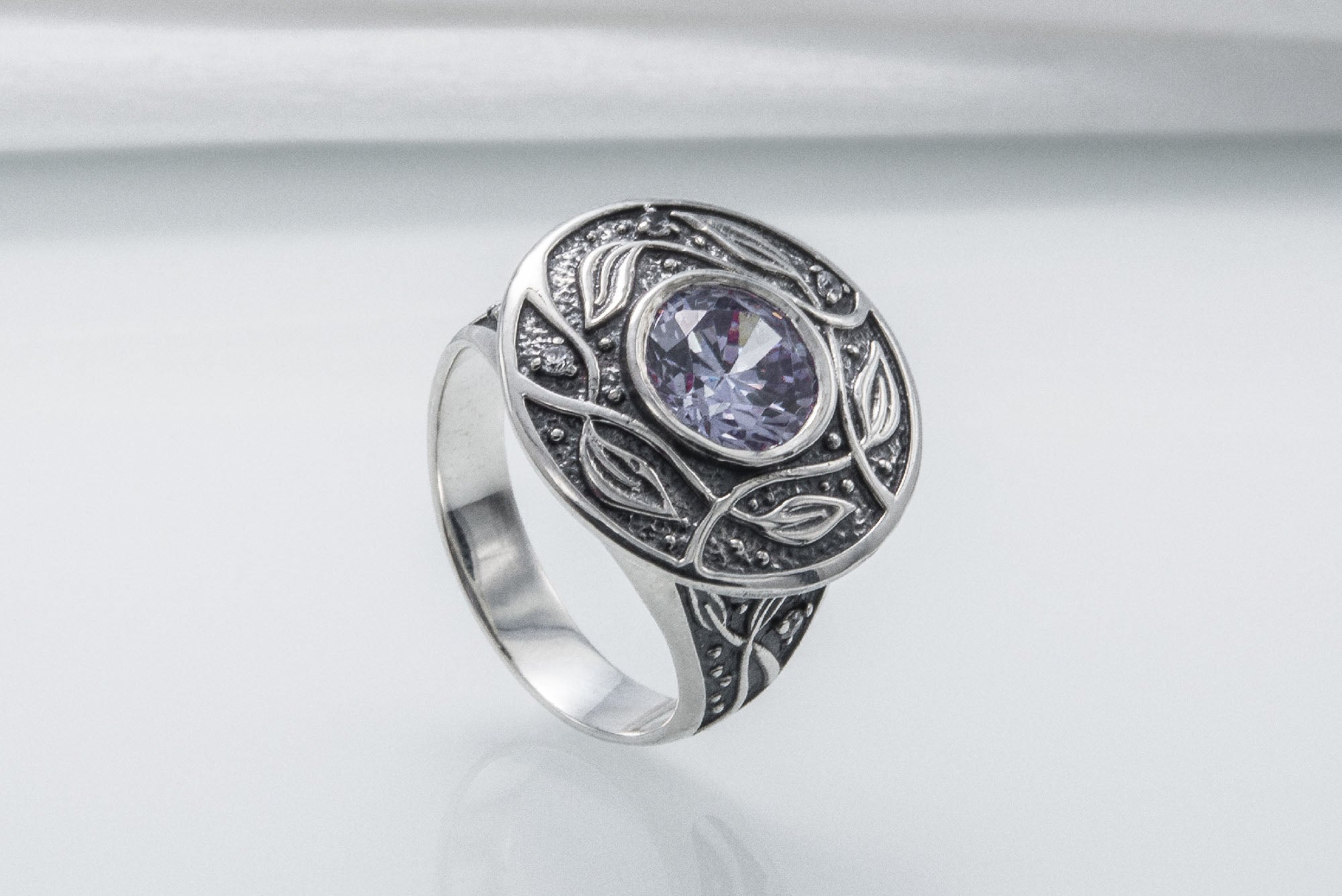 925 Silver Ring With Leaves Ornament And Gems, Handmade Jewelry - vikingworkshop