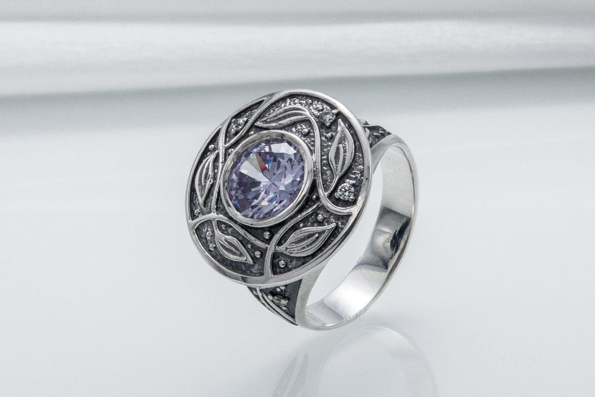 925 Silver Ring With Leaves Ornament And Gems, Handmade Jewelry - vikingworkshop