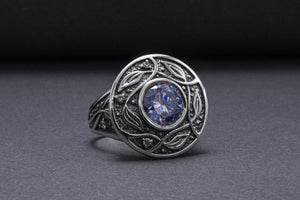 925 Silver Ring With Leaves Ornament And Gems, Handmade Jewelry - vikingworkshop