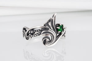 925 Silver Modern Art Ring with Green Gem, Handmade Fashion Jewelry - vikingworkshop