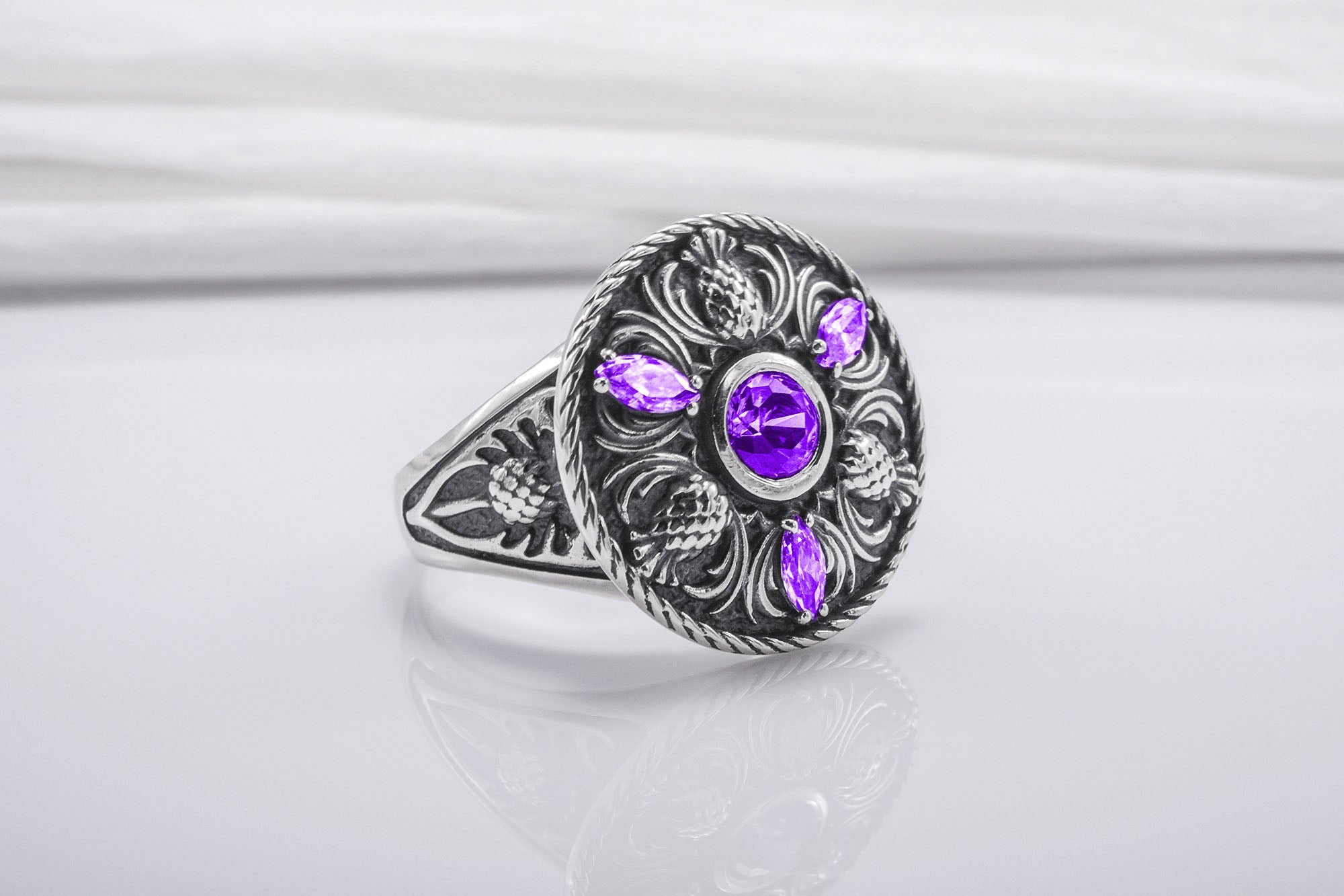 Sterling Silver Ring With Thistles And Gems, Handmade Jewelry - vikingworkshop