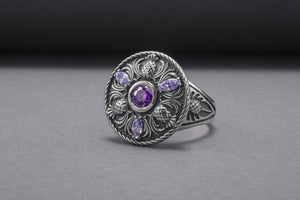 Sterling Silver Ring With Thistles And Gems, Handmade Jewelry - vikingworkshop