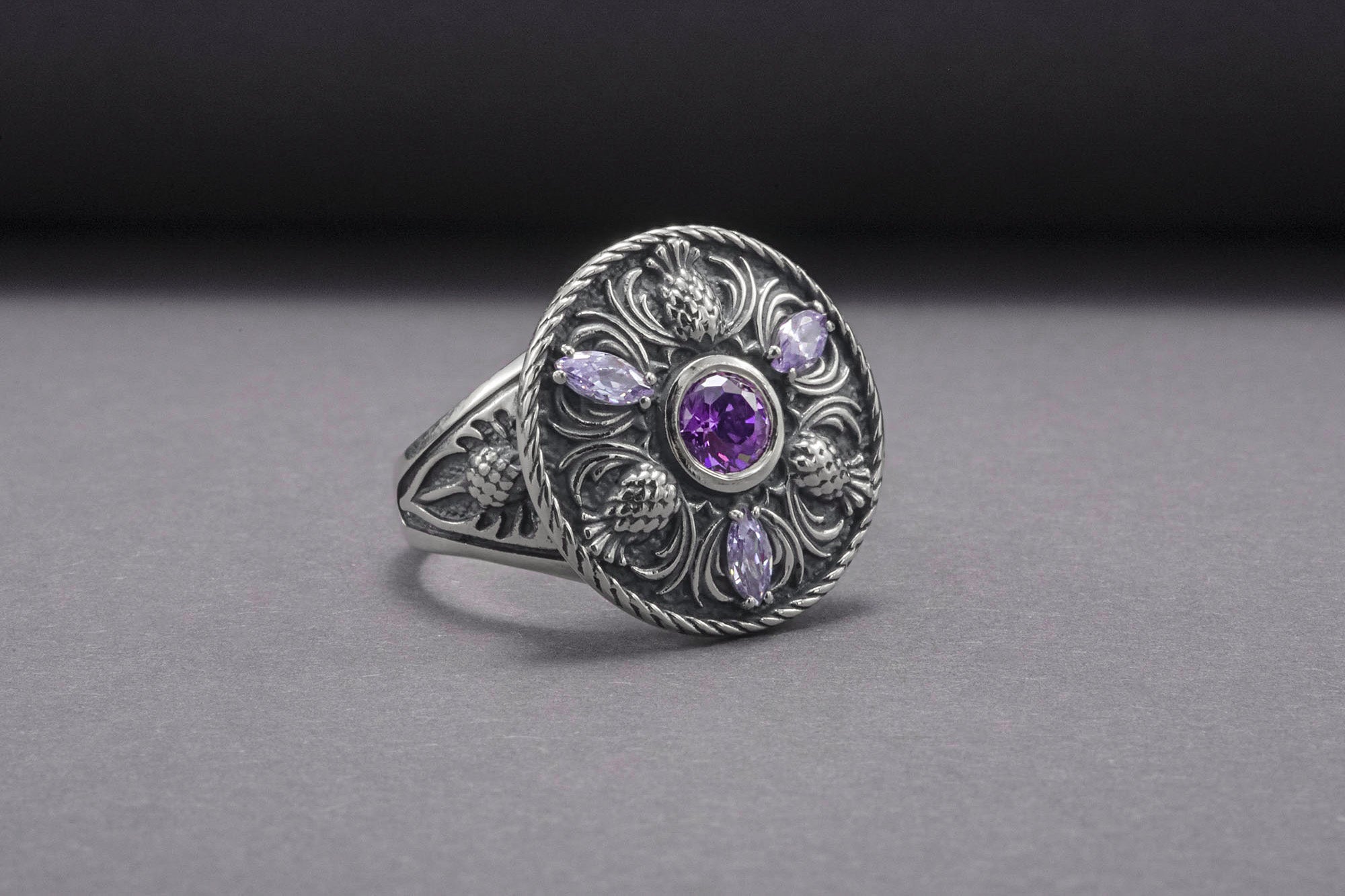 Sterling Silver Ring With Thistles And Gems, Handmade Jewelry - vikingworkshop