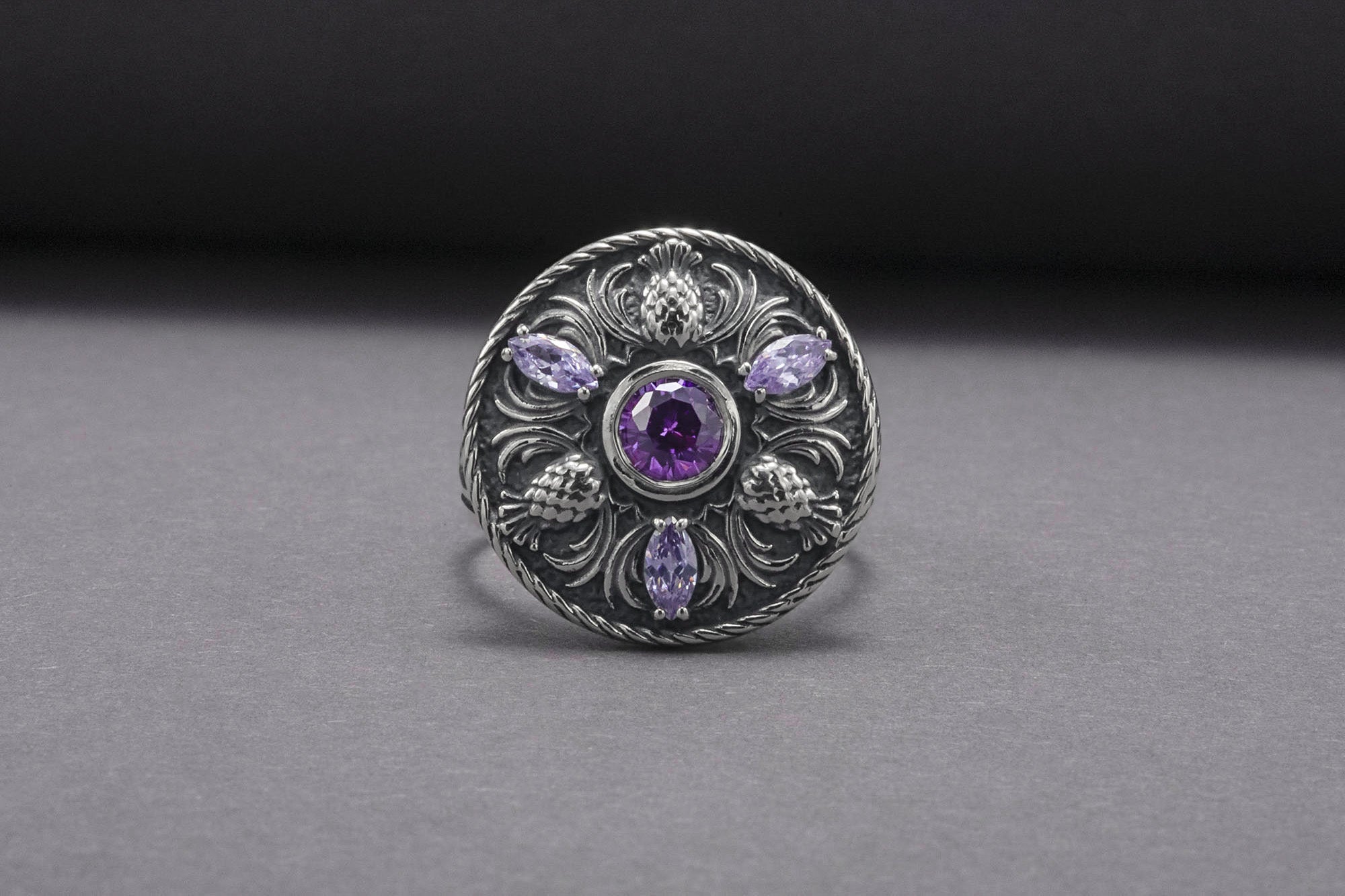 Sterling Silver Ring With Thistles And Gems, Handmade Jewelry - vikingworkshop