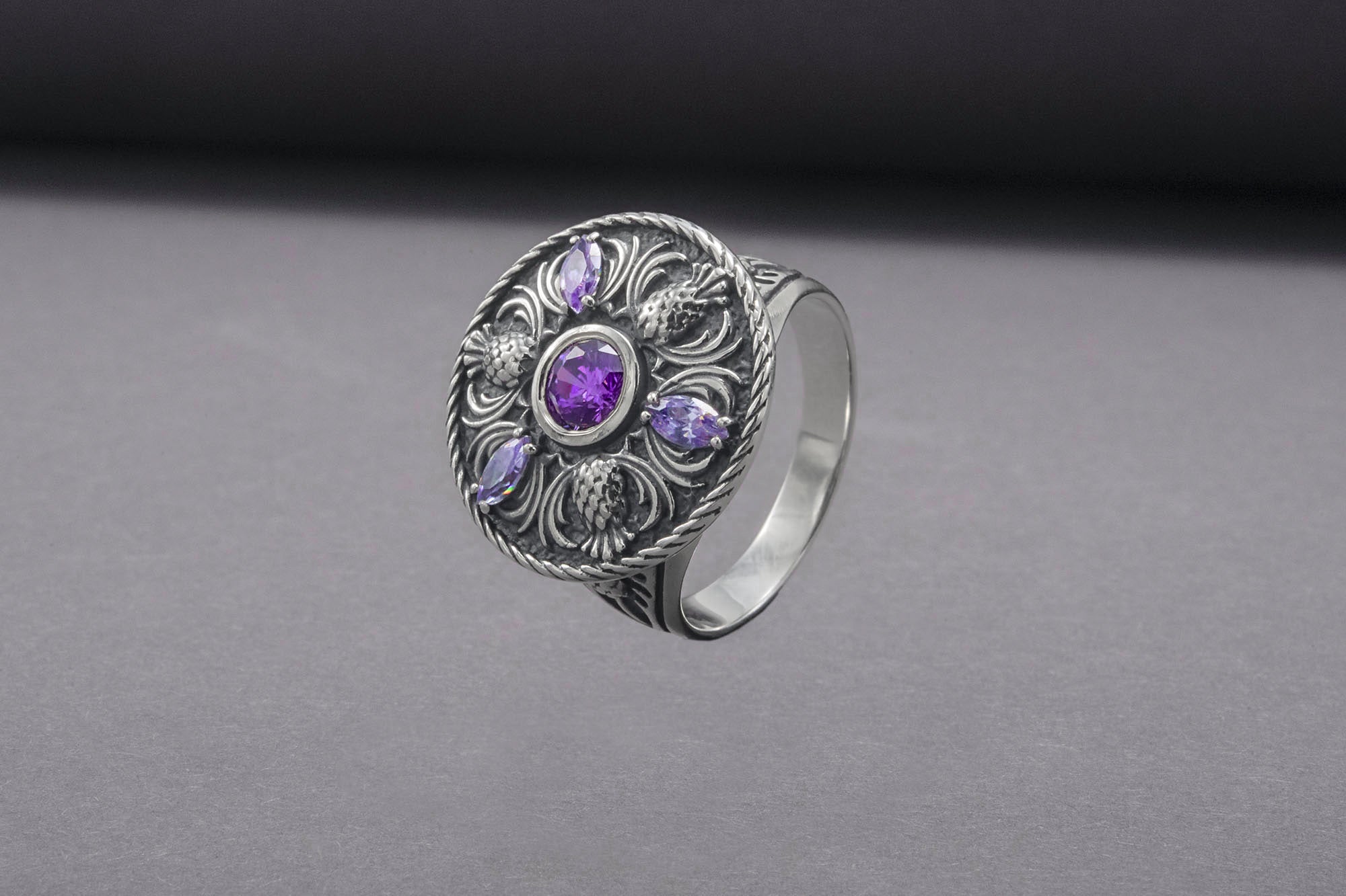 Sterling Silver Ring With Thistles And Gems, Handmade Jewelry - vikingworkshop