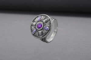 Sterling Silver Ring With Thistles And Gems, Handmade Jewelry - vikingworkshop