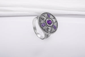 Sterling Silver Ring With Thistles And Gems, Handmade Jewelry - vikingworkshop