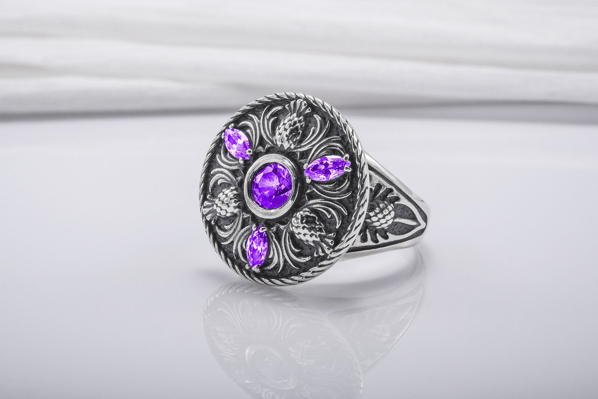 Sterling Silver Ring With Thistles And Gems, Handmade Jewelry - vikingworkshop