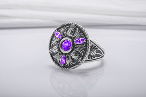 Sterling Silver Ring With Thistles And Gems, Handmade Jewelry - vikingworkshop