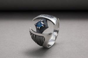 Sterling Silver Wood Texture Ring with Blue Gem, Handmade Classic Jewelry - vikingworkshop