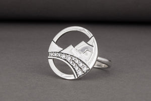 Minimalistic Round 925 Silver Ring with Mountains and Gems, Unique Fashion Jewelry - vikingworkshop