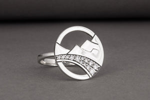 Minimalistic Round 925 Silver Ring with Mountains and Gems, Unique Fashion Jewelry - vikingworkshop