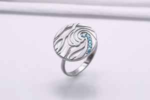 Minimalist Round 950 Platinum Ring with Waves and Gems, Unique Fashion Jewelry - vikingworkshop