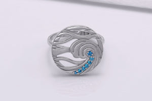 Minimalist Round 950 Platinum Ring with Waves and Gems, Unique Fashion Jewelry - vikingworkshop