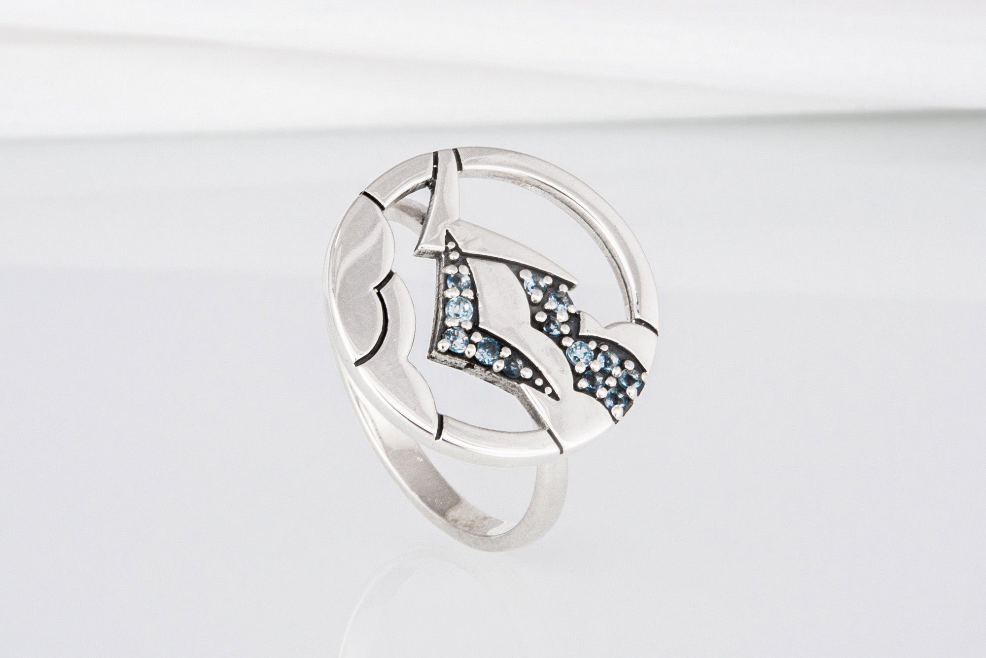 Minimalistic Round 925 Silver Ring with Clouds and Blue Gems, Unique Fashion Jewelry - vikingworkshop