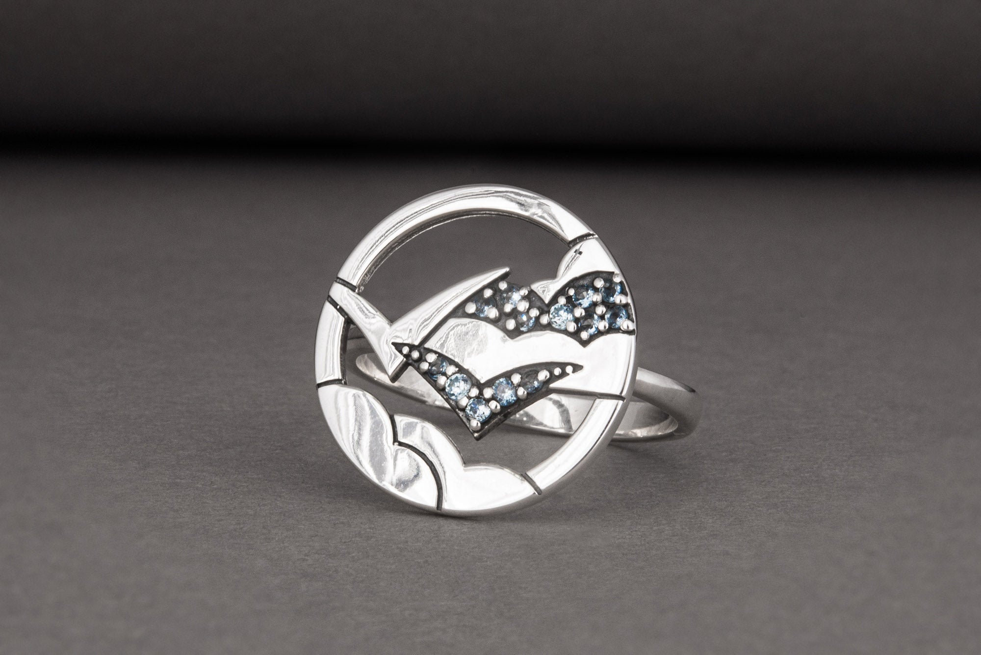 Minimalistic Round 925 Silver Ring with Clouds and Blue Gems, Unique Fashion Jewelry - vikingworkshop