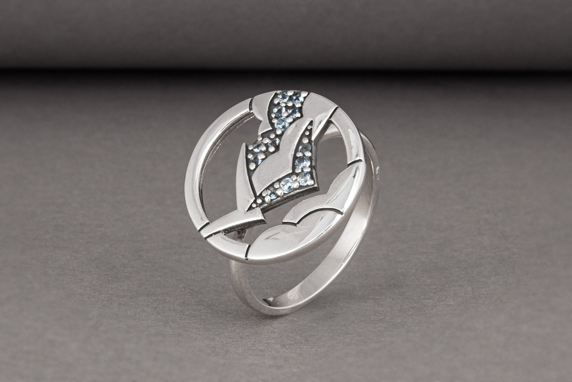 Minimalistic Round 925 Silver Ring with Clouds and Blue Gems, Unique Fashion Jewelry - vikingworkshop