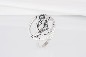 Minimalistic Round 925 Silver Ring with Clouds and Blue Gems, Unique Fashion Jewelry - vikingworkshop