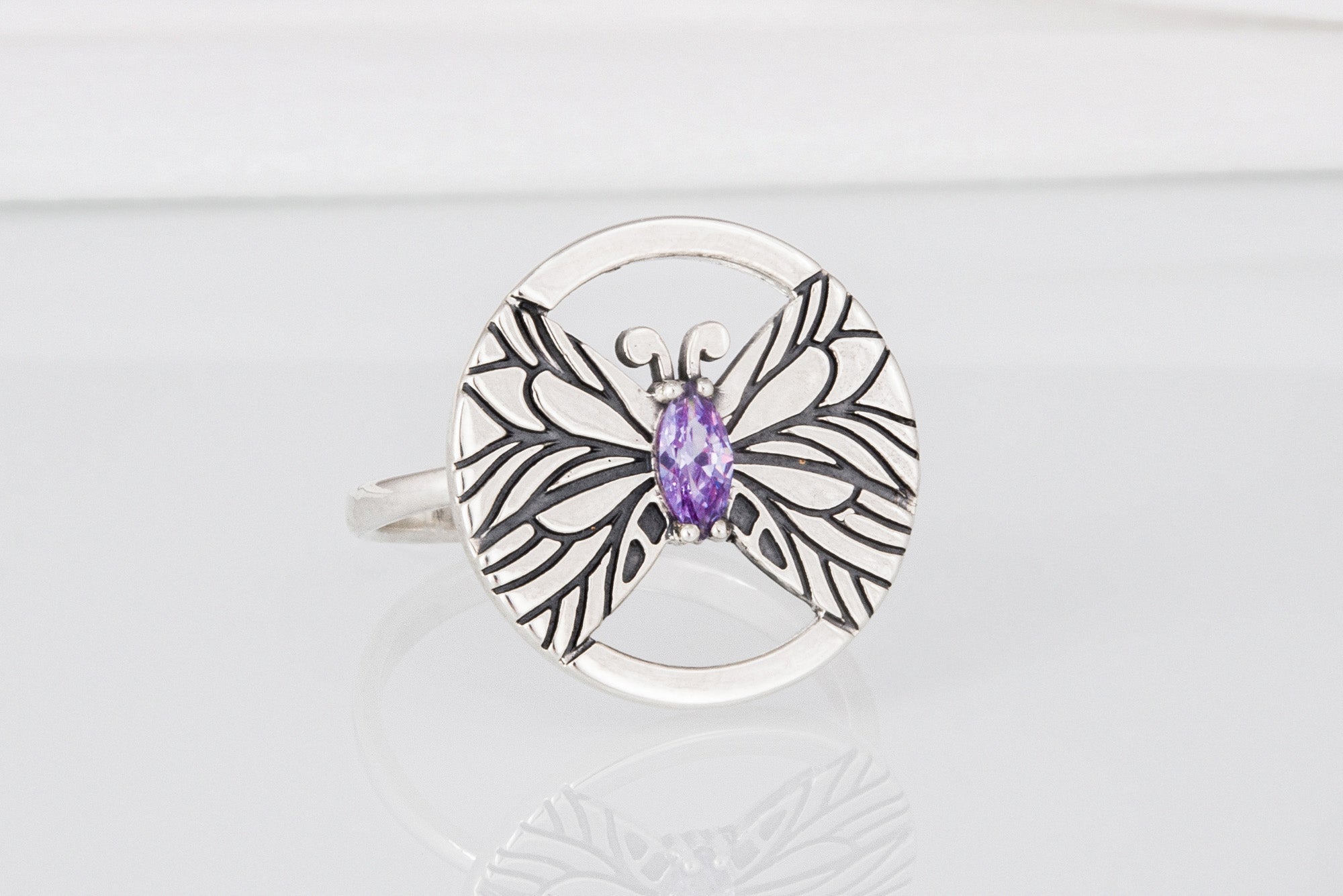 Minimalistic Round 925 Silver Ring with Butterfly and Purple Gem, Unique Fashion Jewelry - vikingworkshop