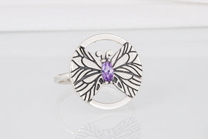 Minimalistic Round 925 Silver Ring with Butterfly and Purple Gem, Unique Fashion Jewelry - vikingworkshop