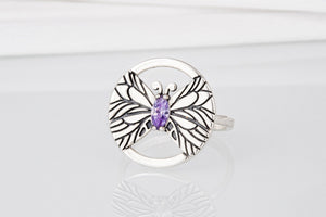 Minimalistic Round 925 Silver Ring with Butterfly and Purple Gem, Unique Fashion Jewelry - vikingworkshop