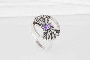 Minimalistic Round 925 Silver Ring with Butterfly and Purple Gem, Unique Fashion Jewelry - vikingworkshop