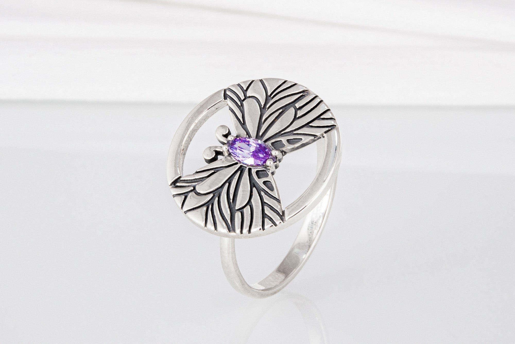 Minimalistic Round 925 Silver Ring with Butterfly and Purple Gem, Unique Fashion Jewelry - vikingworkshop