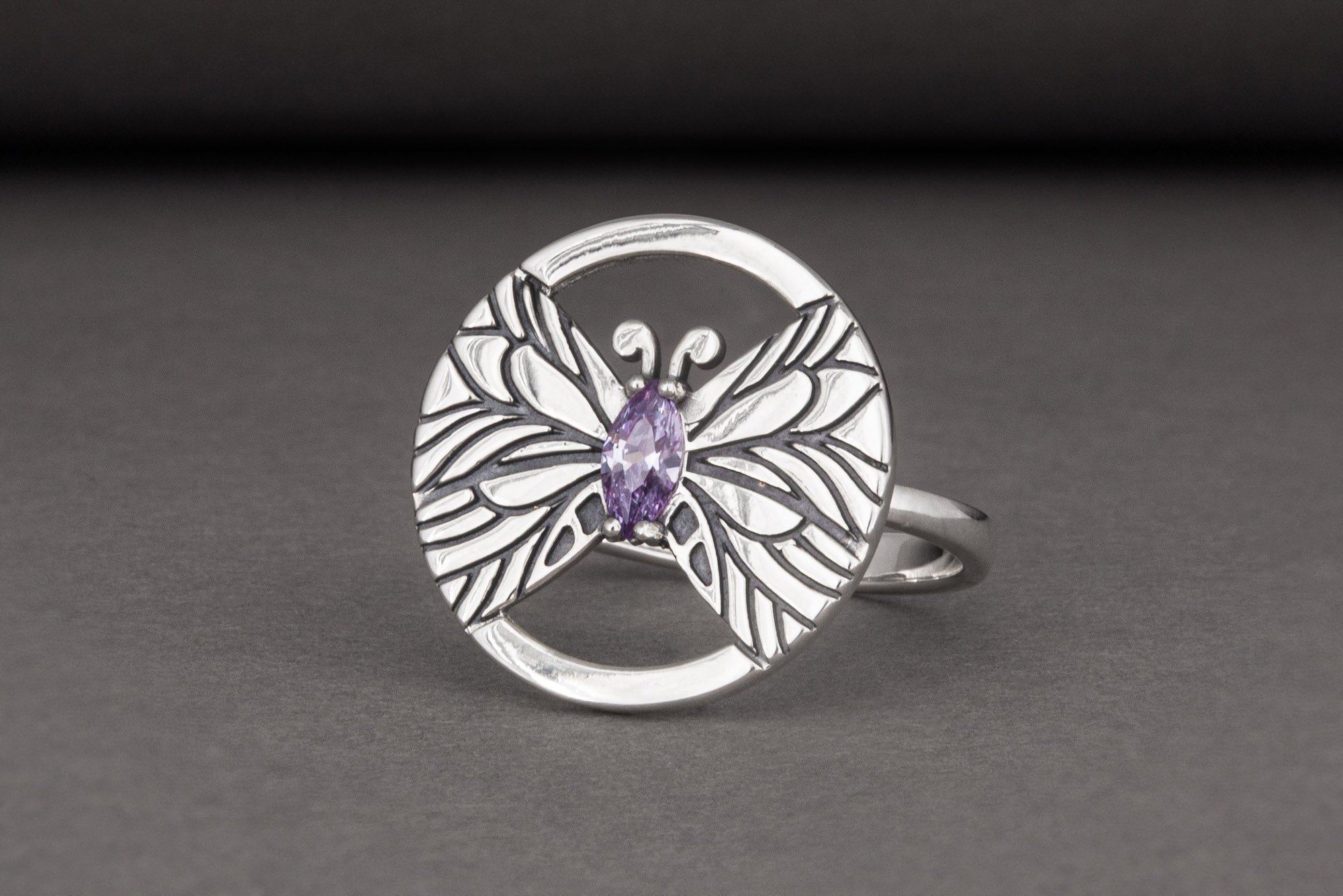 Minimalistic Round 925 Silver Ring with Butterfly and Purple Gem, Unique Fashion Jewelry - vikingworkshop