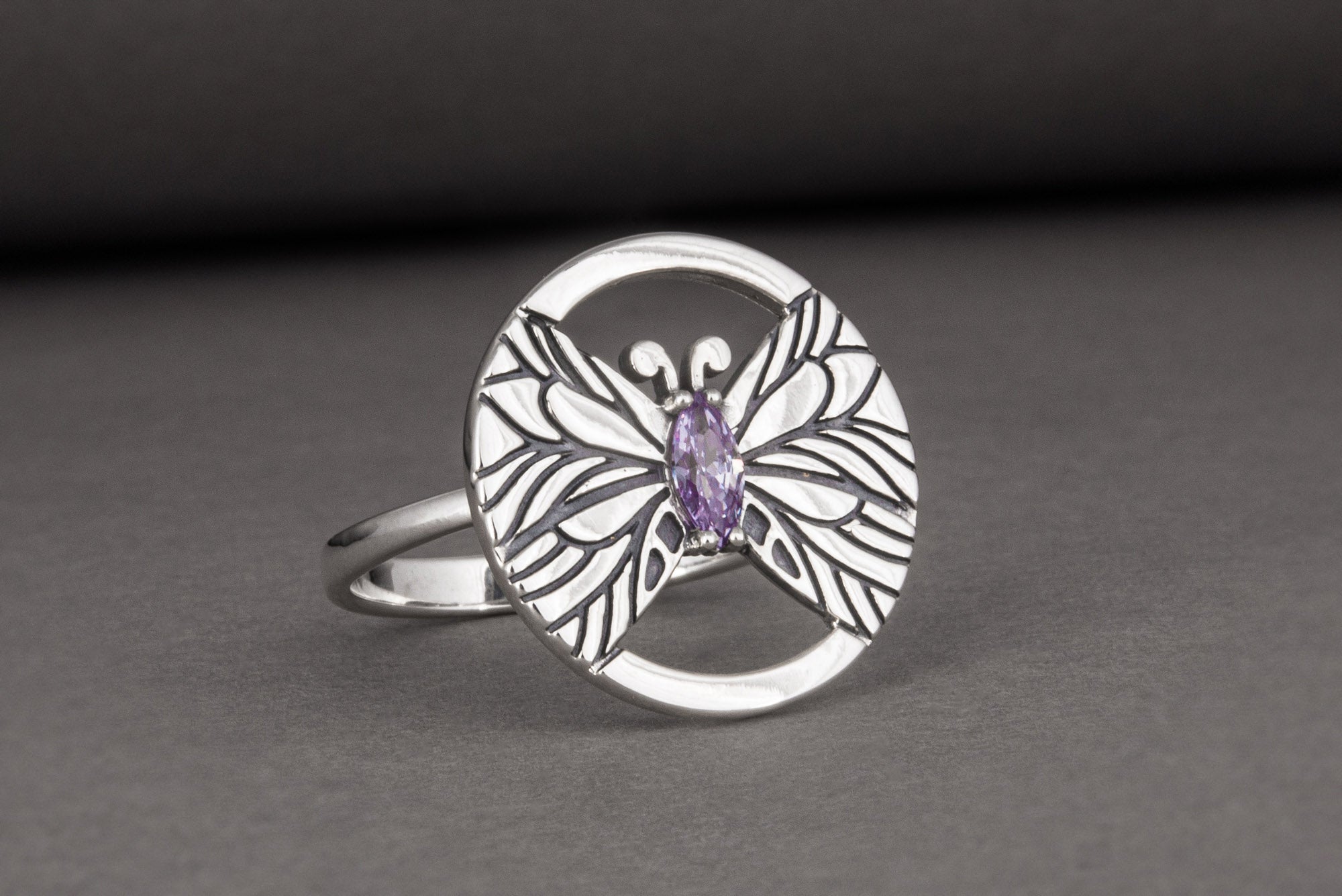 Minimalistic Round 925 Silver Ring with Butterfly and Purple Gem, Unique Fashion Jewelry - vikingworkshop