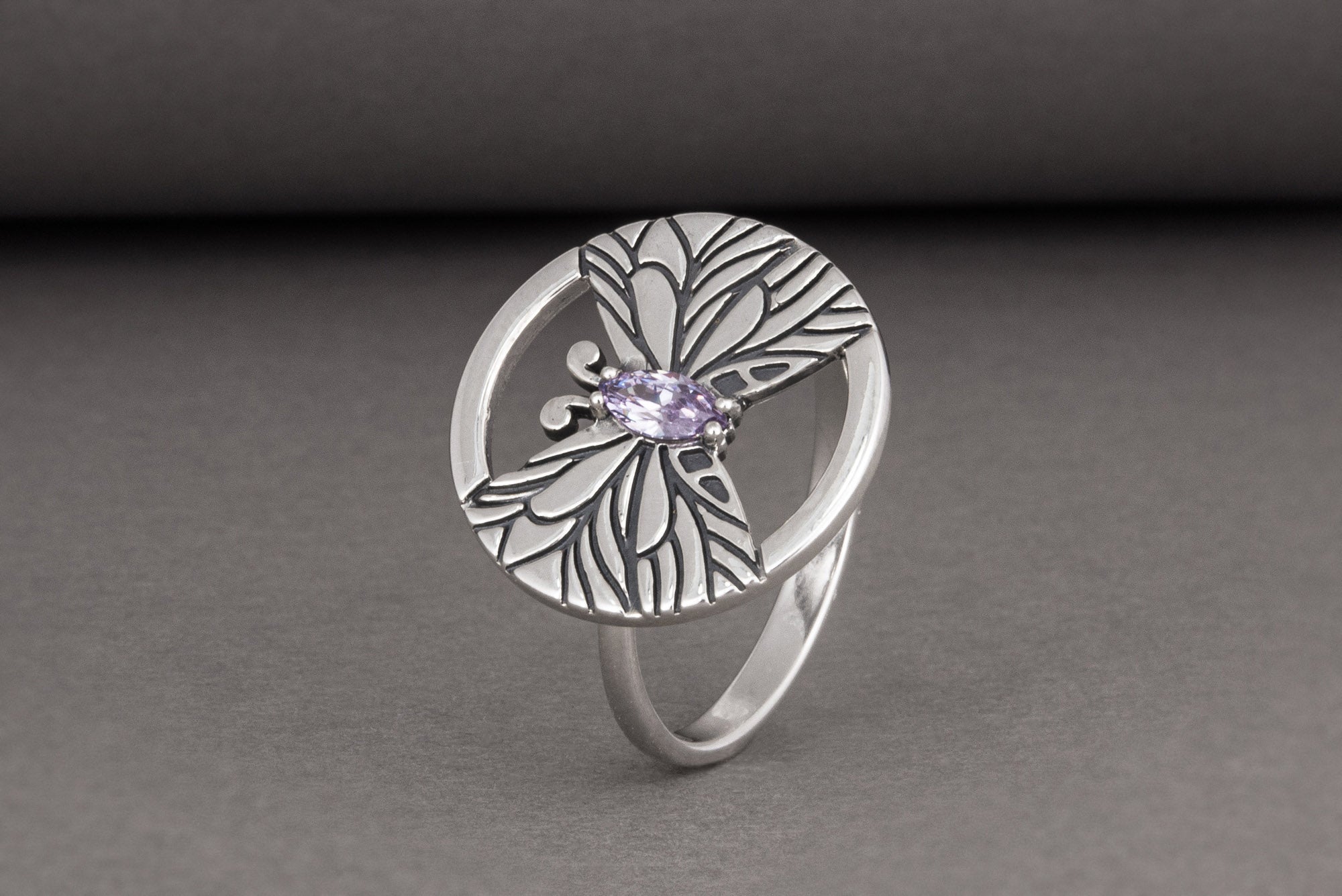 Minimalistic Round 925 Silver Ring with Butterfly and Purple Gem, Unique Fashion Jewelry - vikingworkshop