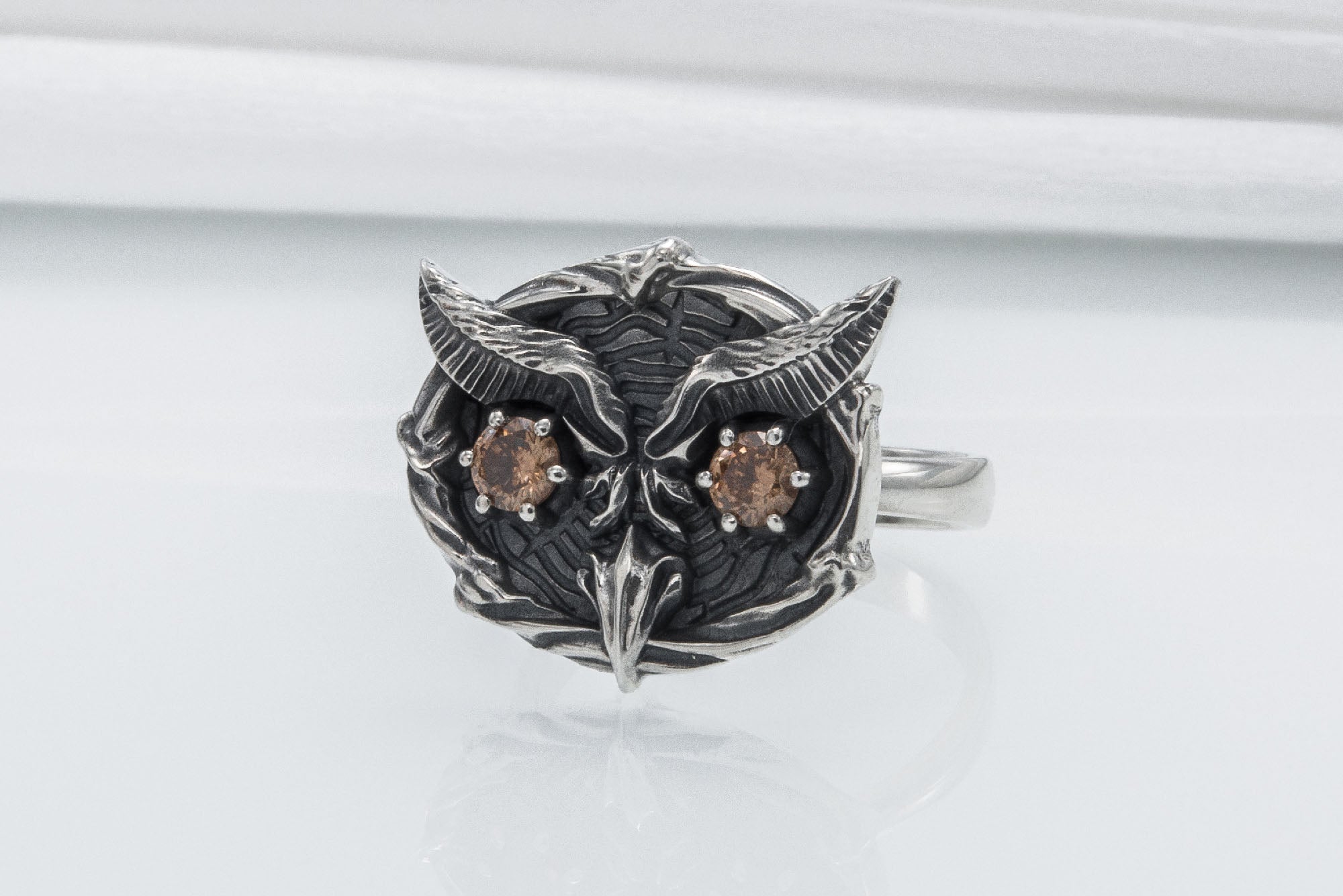 925 Silver Owl Ring With Gems, Handmade Jewelry - vikingworkshop