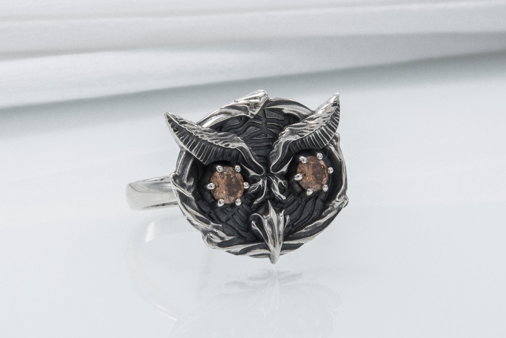 925 Silver Owl Ring With Gems, Handmade Jewelry - vikingworkshop