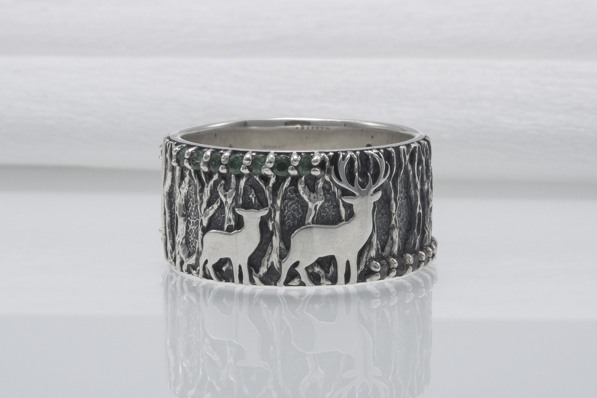 Forest And Wood Texture 925 Silver Ring With Gems Sterling Silver Jewelry - vikingworkshop