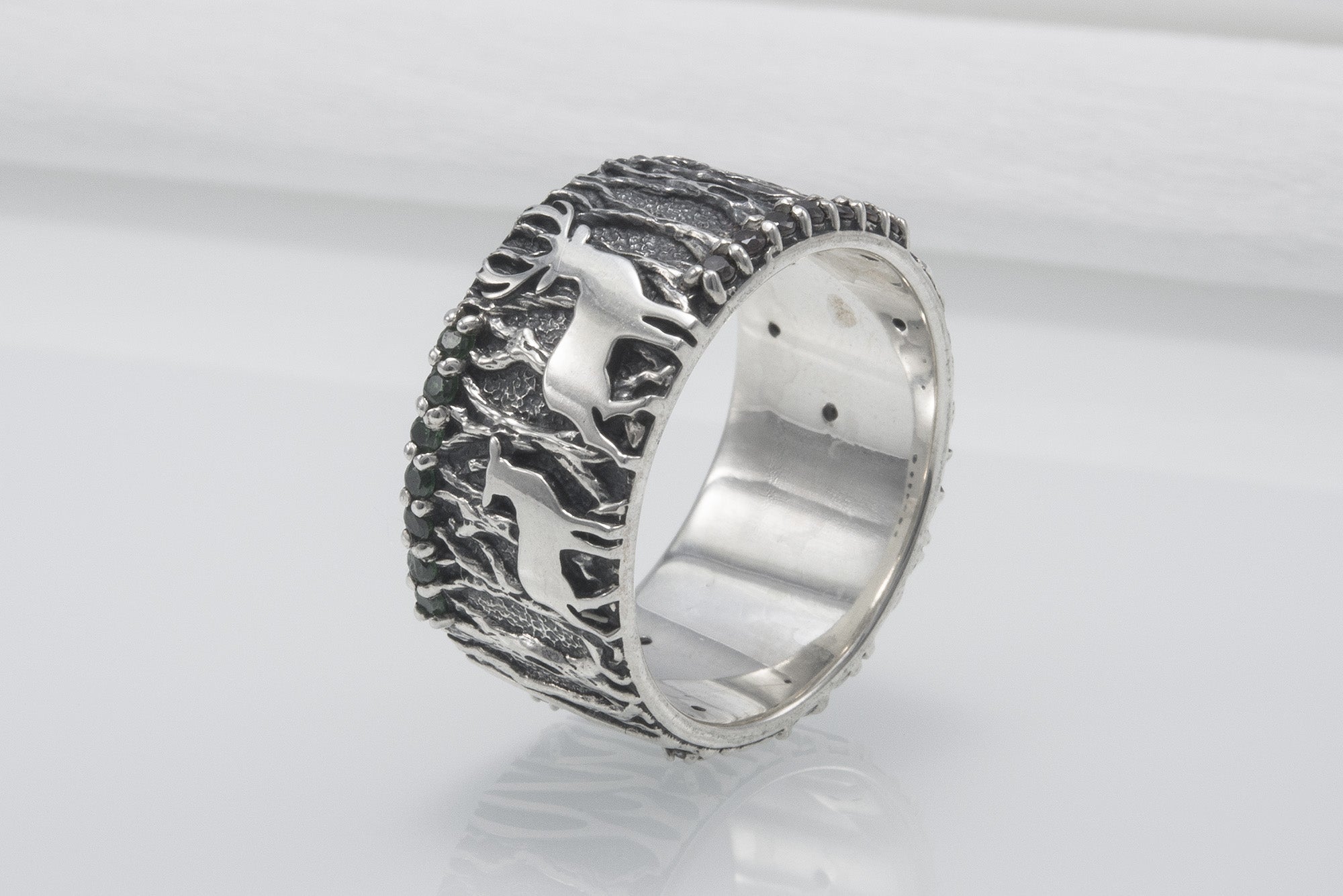 Forest And Wood Texture 925 Silver Ring With Gems Sterling Silver Jewelry - vikingworkshop