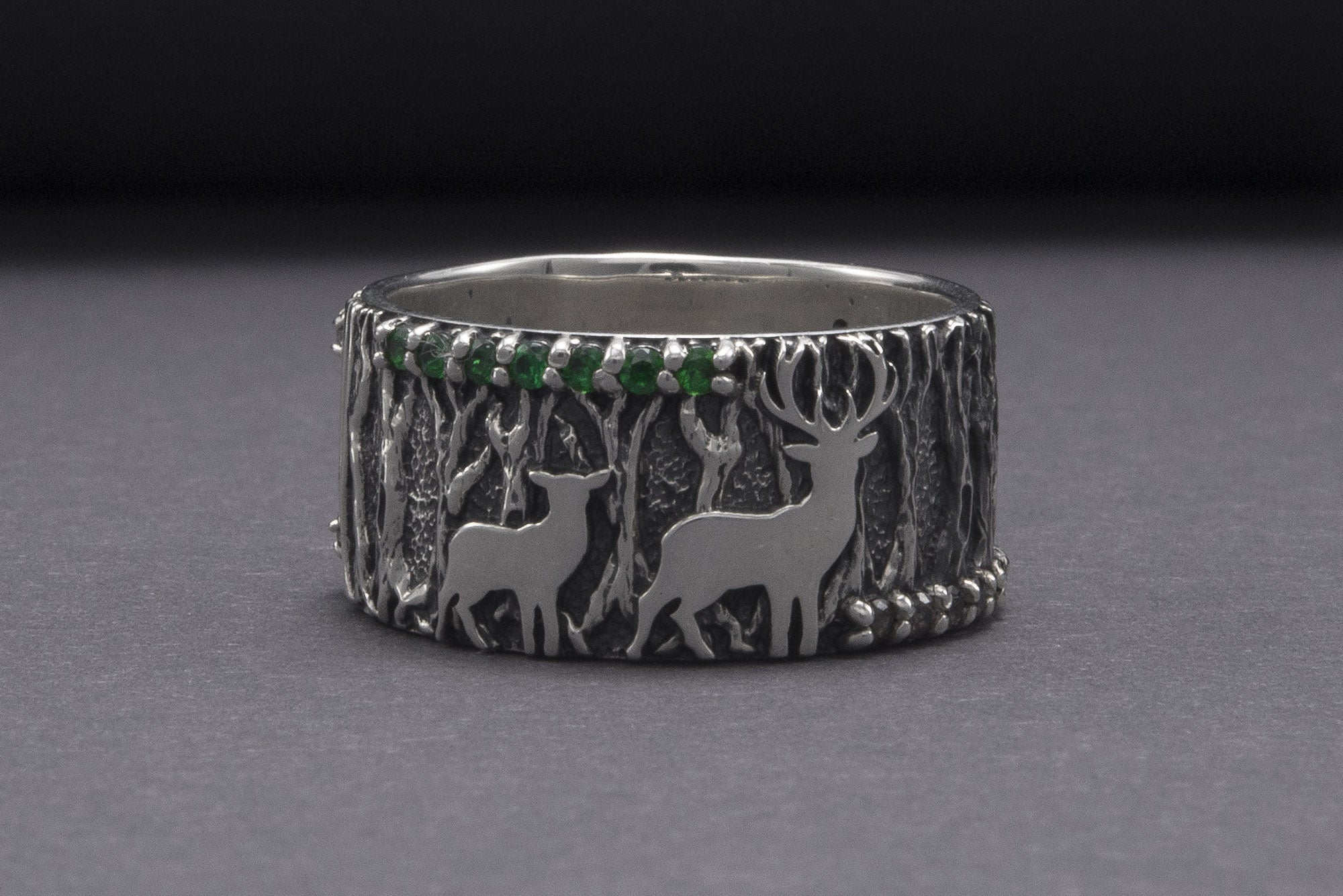 Forest And Wood Texture 925 Silver Ring With Gems Sterling Silver Jewelry - vikingworkshop