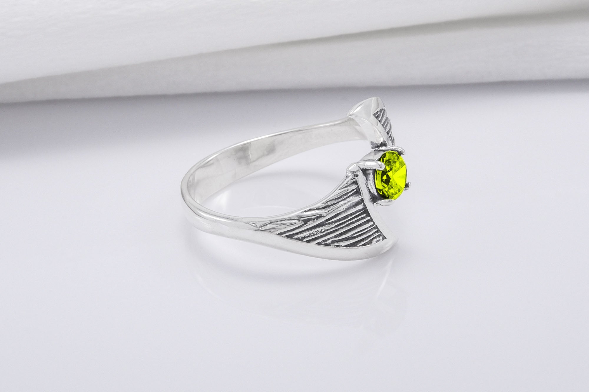 925 Silver Ring With Wood Texture and Yellow Gem, Handmade Jewelry - vikingworkshop