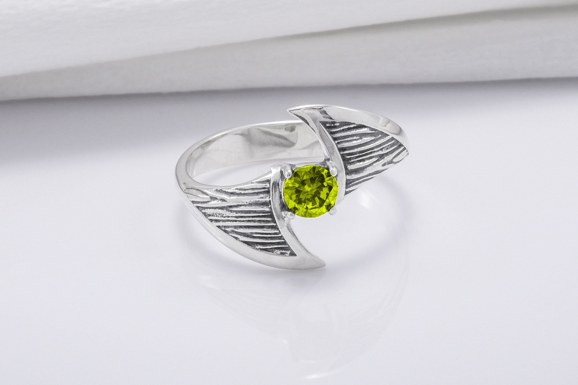 925 Silver Ring With Wood Texture and Yellow Gem, Handmade Jewelry - vikingworkshop