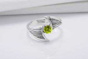 925 Silver Ring With Wood Texture and Yellow Gem, Handmade Jewelry - vikingworkshop