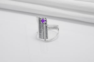 925 Silver Ring With Wood Texture and Purple Gem, Handmade Jewelry - vikingworkshop