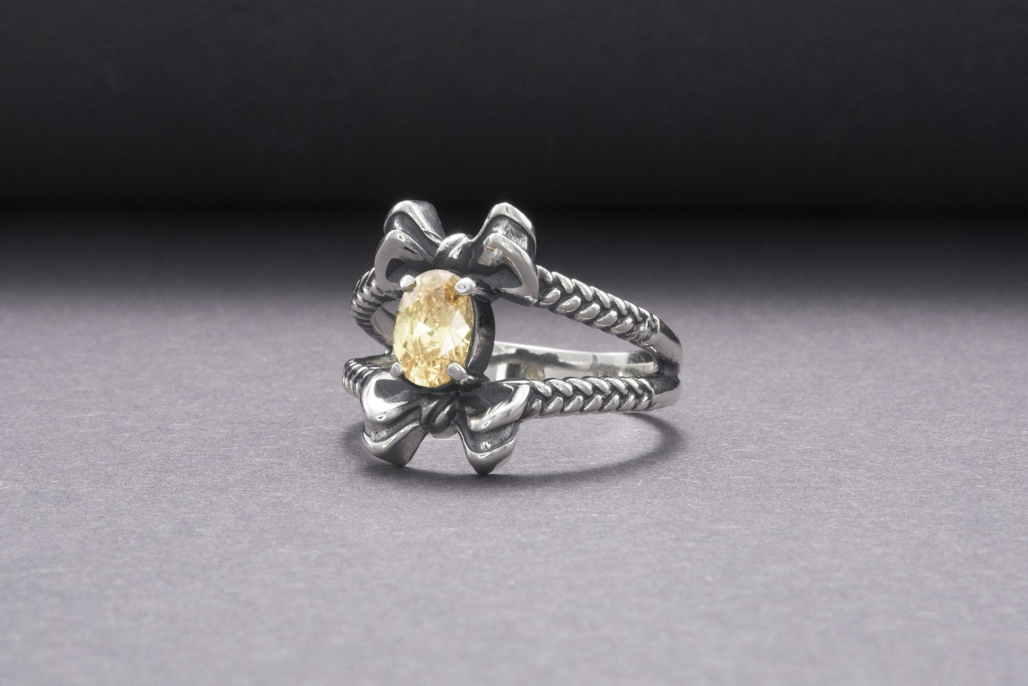 Unique Bow Sterling Silver Ring With Yellow Gem, Handmade Jewelry - vikingworkshop