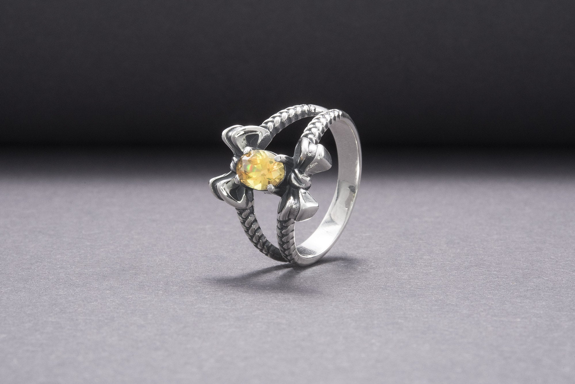 Unique Bow Sterling Silver Ring With Yellow Gem, Handmade Jewelry - vikingworkshop