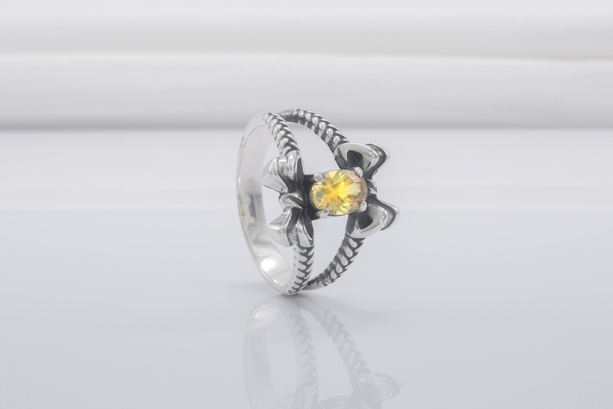 Unique Bow Sterling Silver Ring With Yellow Gem, Handmade Jewelry - vikingworkshop