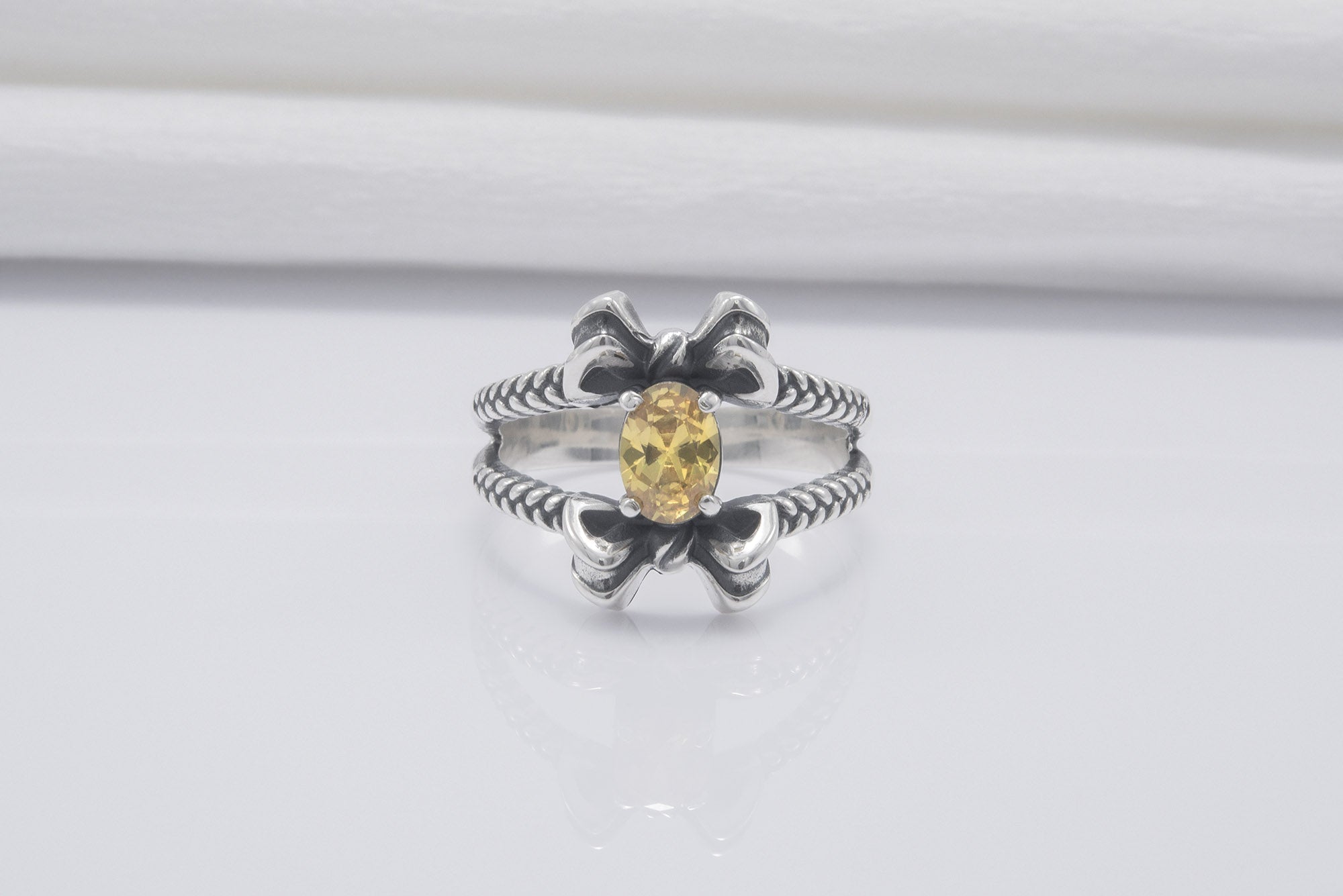 Unique Bow Sterling Silver Ring With Yellow Gem, Handmade Jewelry - vikingworkshop